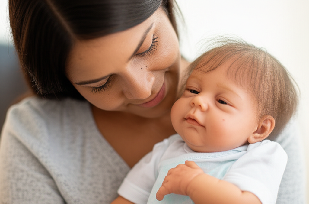 Mulher em paz com seu bebê reborn